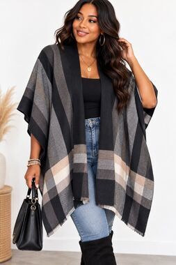 Style & Co. Black Gray Plaid Open Front Poncho Cardigan Wrap One Size NWT